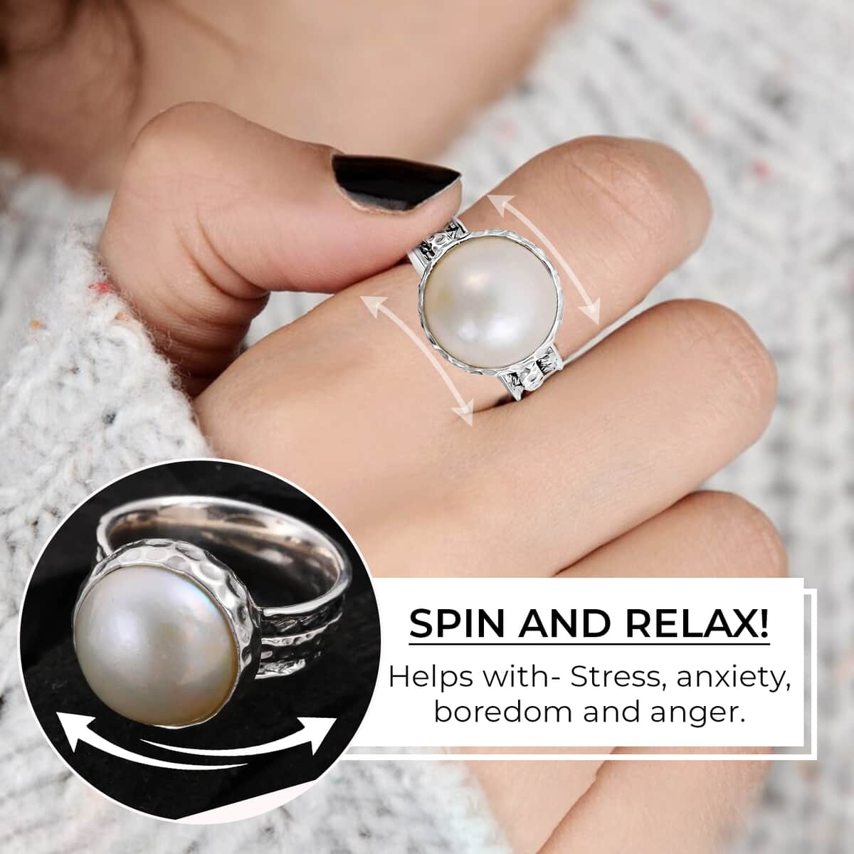 Bali Legacy White Mabe Pearl Spinner Ring, White Mabe Pearl Ring, Sterling Silver Ring, Silver Spinner Ring, Fidget Anxiety Ring image number 1
