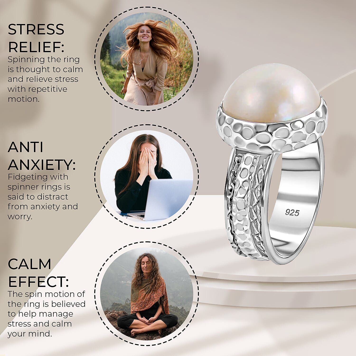 Bali Legacy White Mabe Pearl Spinner Ring, White Mabe Pearl Ring, Sterling Silver Ring, Silver Spinner Ring, Fidget Anxiety Ring
