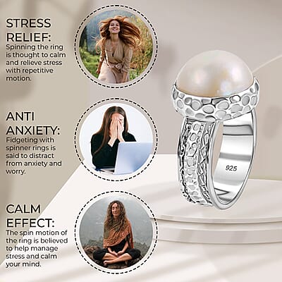 Bali Legacy White Mabe Pearl Spinner Ring, White Mabe Pearl Ring, Sterling Silver Ring, Silver Spinner Ring, Fidget Anxiety Ring