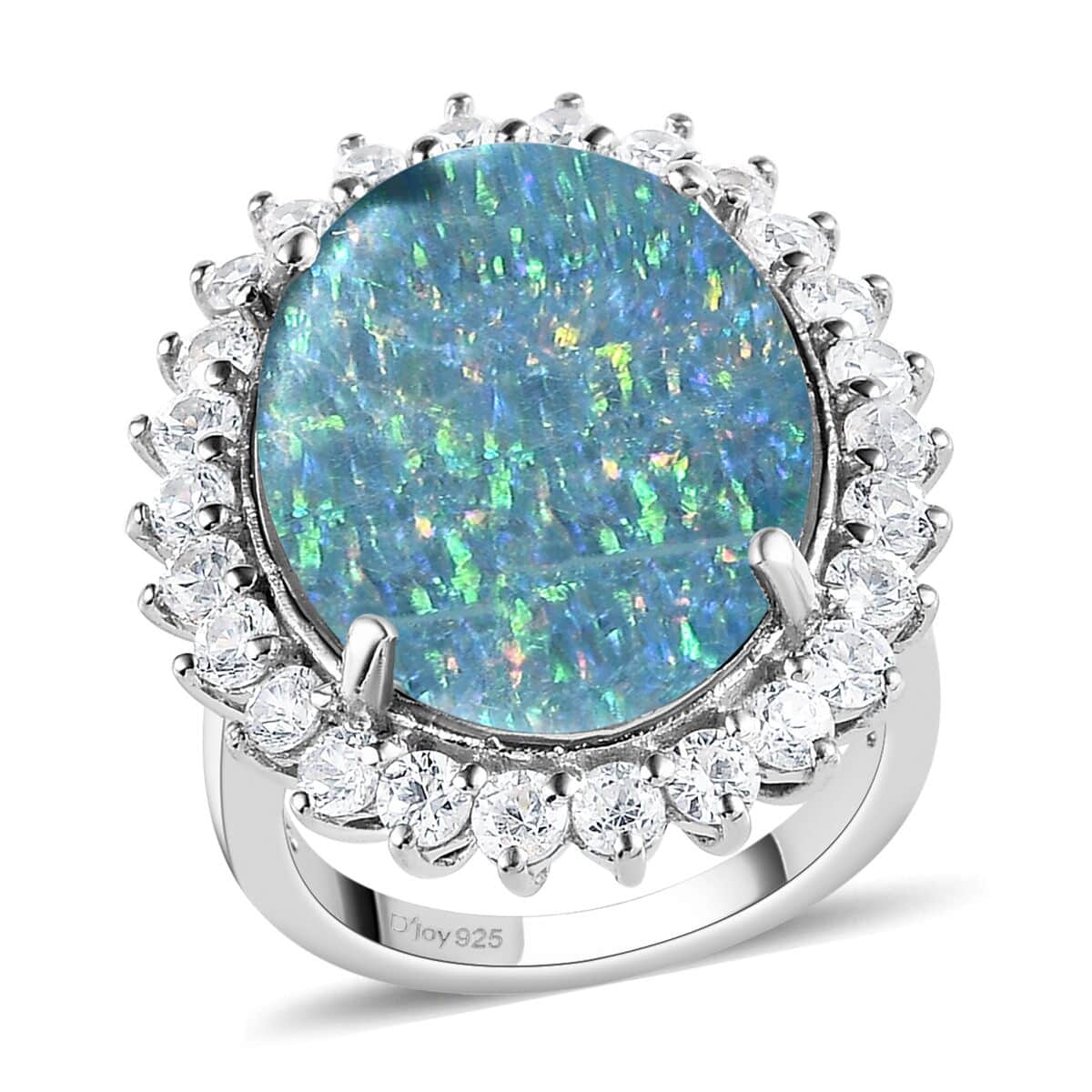 Australian Boulder Opal Triplet and Natural White Zircon Halo Ring in Platinum Over Sterling Silver (Size 6.0) 11.50 ctw image number 0