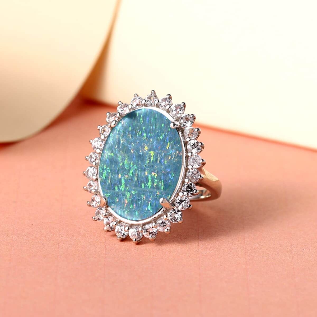 Australian Boulder Opal Triplet and Natural White Zircon Halo Ring in Platinum Over Sterling Silver (Size 6.0) 11.50 ctw image number 1