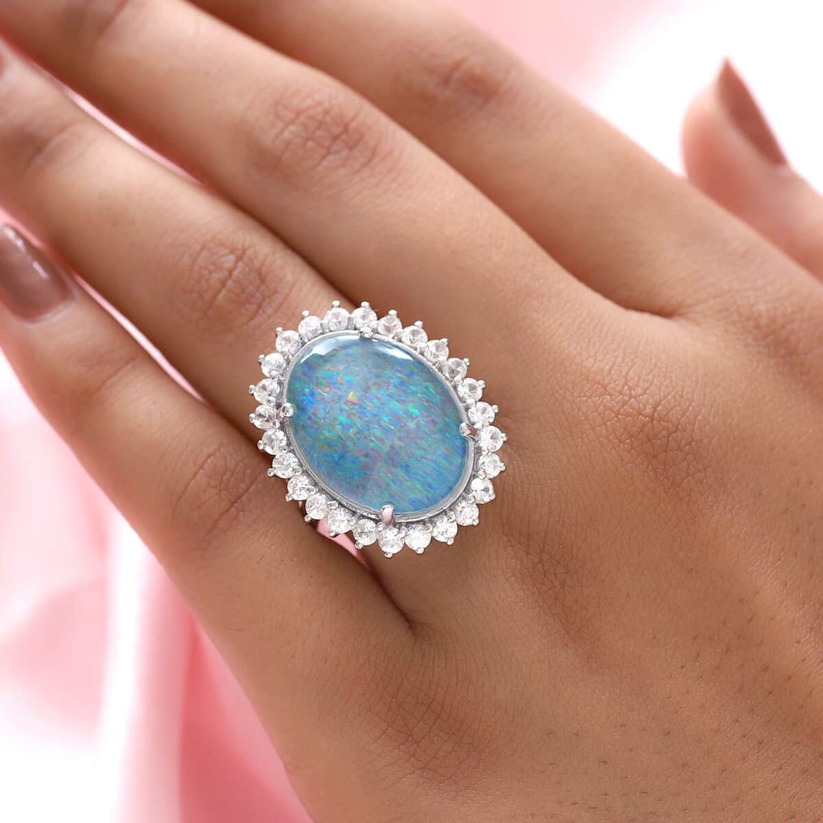 Australian Boulder Opal Triplet and Natural White Zircon Halo Ring in Platinum Over Sterling Silver (Size 6.0) 11.50 ctw image number 2