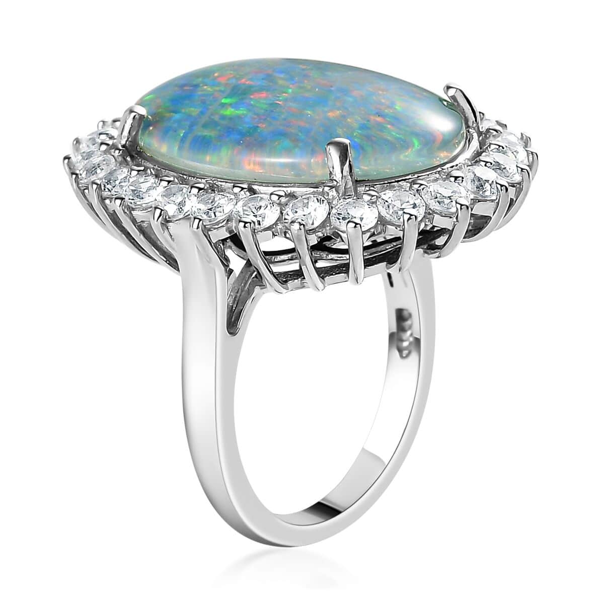 Australian Boulder Opal Triplet and Natural White Zircon Halo Ring in Platinum Over Sterling Silver (Size 6.0) 11.50 ctw image number 3