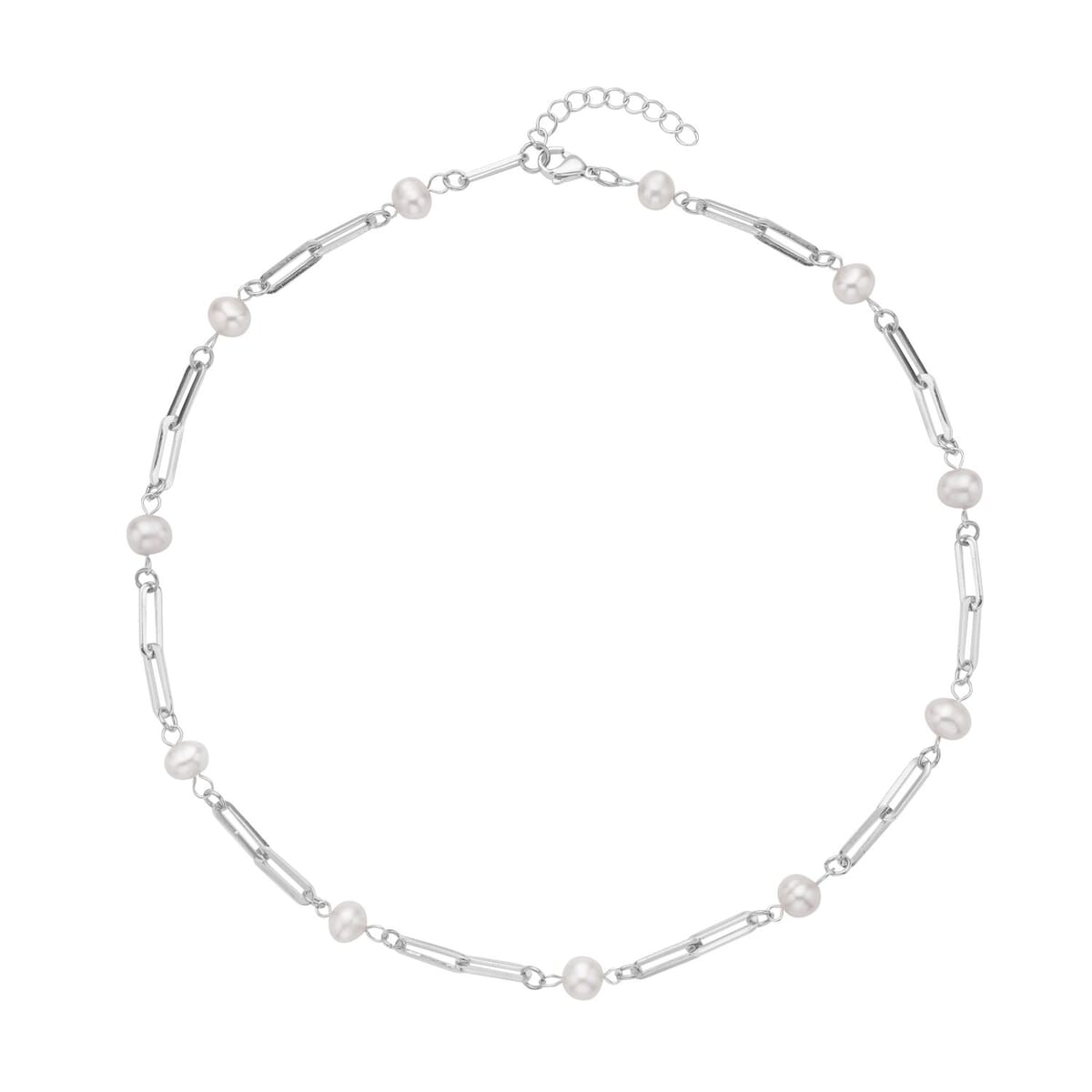 White Freshwater Pearl Paper Clip Chain Station Necklace 18-20 Inches in Stainless Steel image number 0