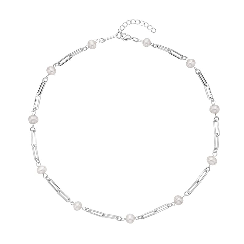 White Freshwater Pearl Paper Clip Chain Station Necklace 18-20 Inches in Stainless Steel