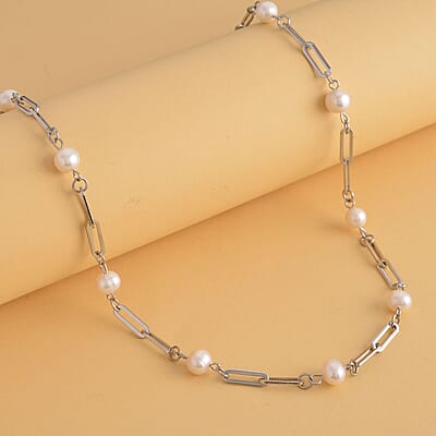 White Freshwater Pearl Paper Clip Chain Station Necklace 18-20 Inches in Stainless Steel