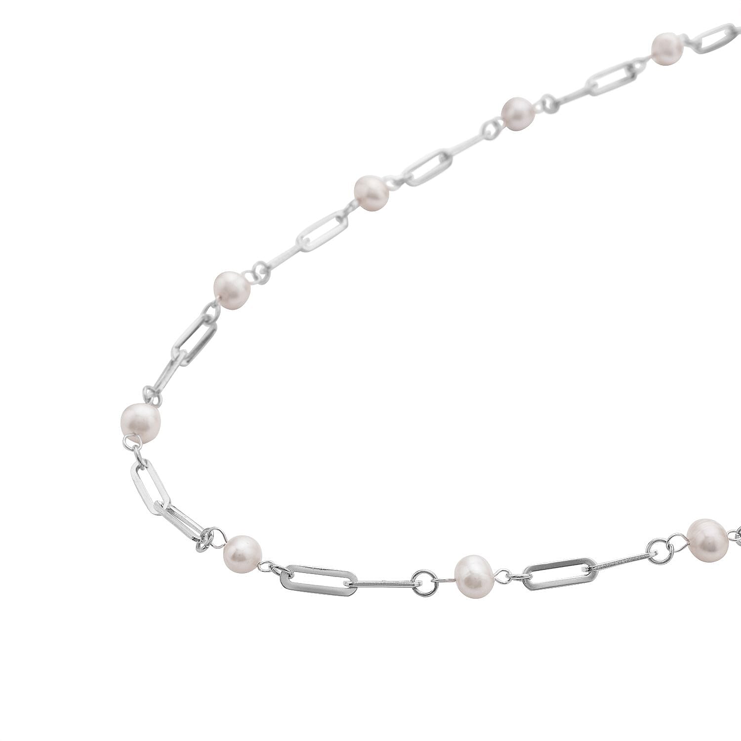 White Freshwater Pearl Paper Clip Chain Station Necklace 18-20 Inches in Stainless Steel