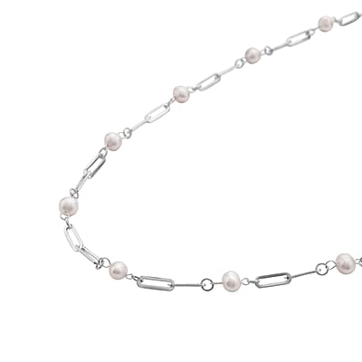 White Freshwater Pearl Paper Clip Chain Station Necklace 18-20 Inches in Stainless Steel