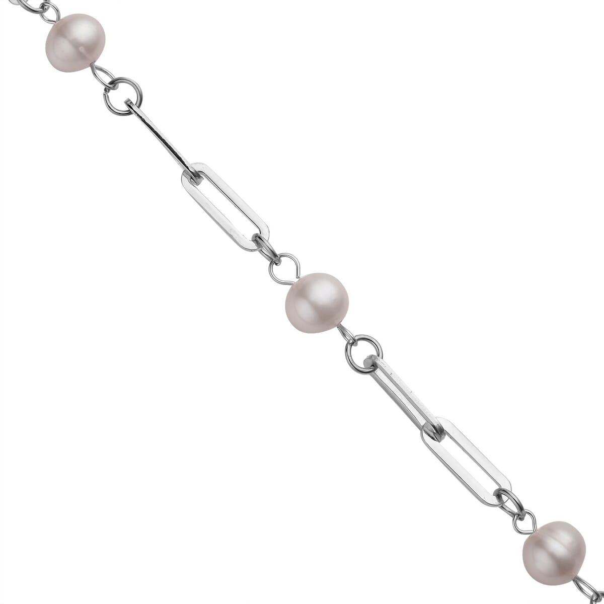 White Freshwater Pearl Paper Clip Chain Station Necklace 18-20 Inches in Stainless Steel image number 3