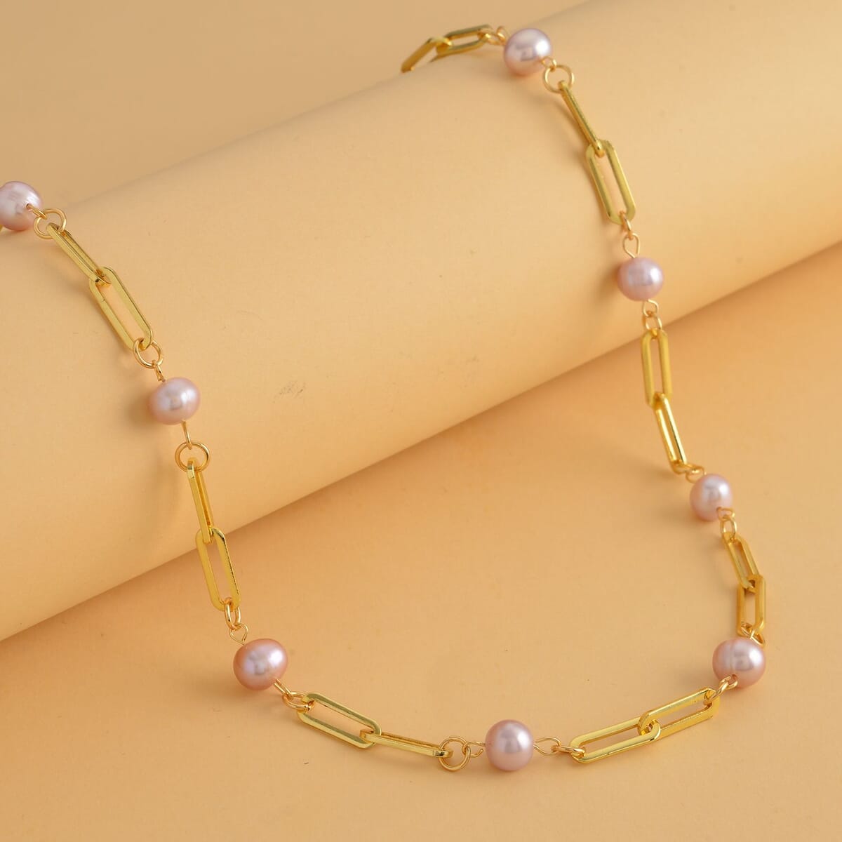 Purple Freshwater Pearl Paper Clip Chain Station Necklace (18-20 Inches) in ION Plated YG Stainless Steel | Tarnish-Free, Waterproof, Sweat Proof Jewelry image number 1