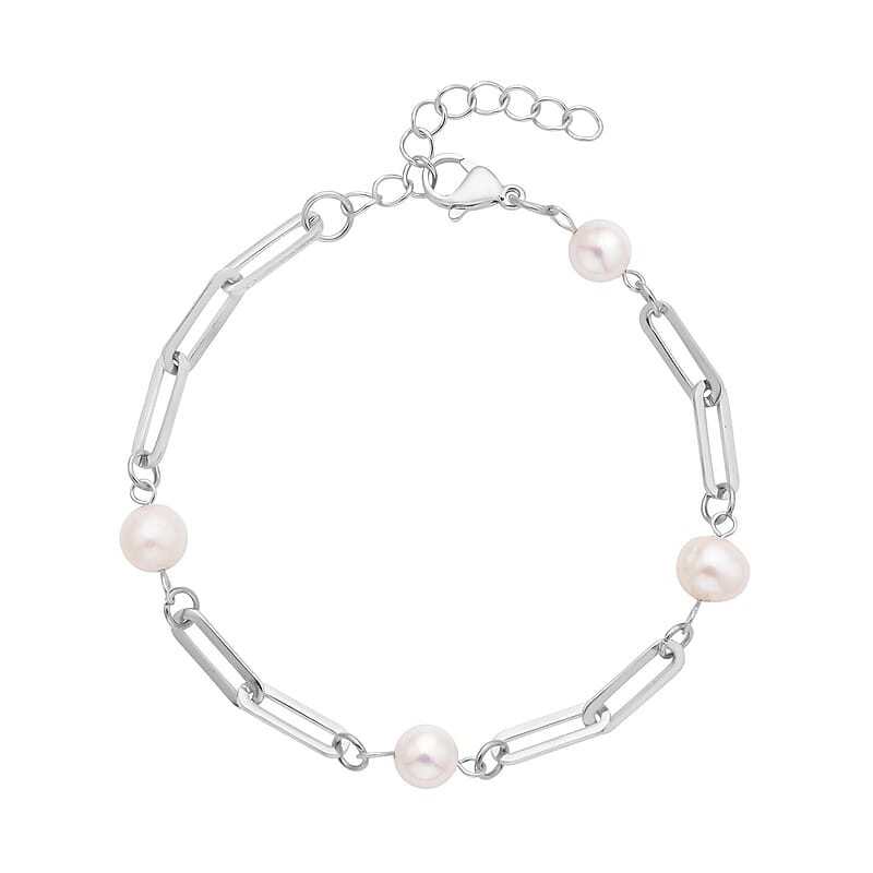White Freshwater Pearl Paper Clip Chain Station Bracelet in Stainless Steel (7.50-9In) , Tarnish-Free, Waterproof, Sweat Proof Jewelry