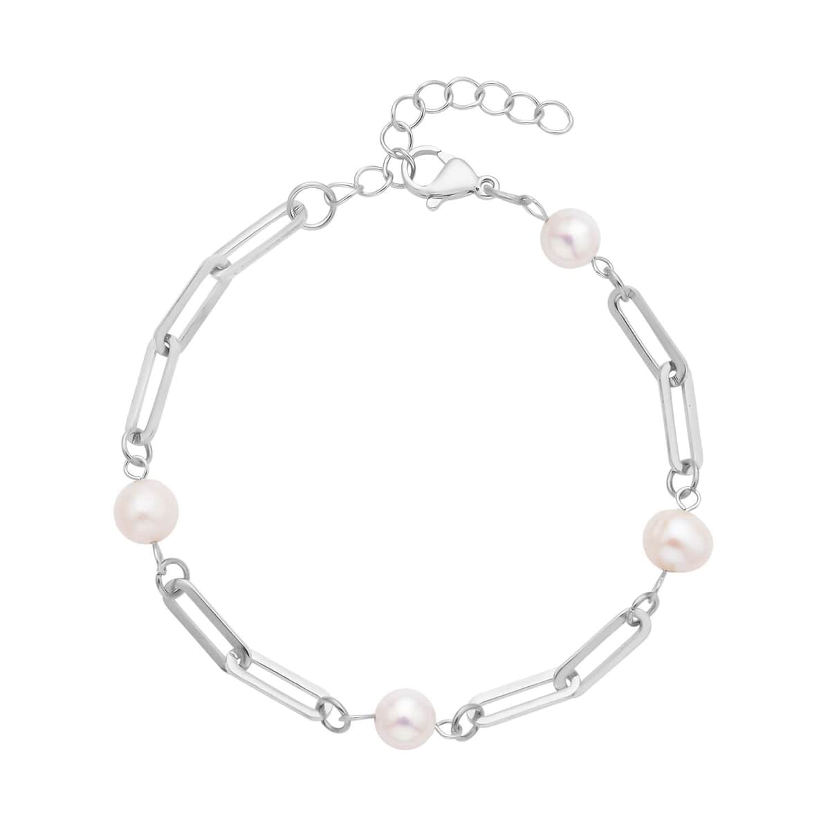 White Freshwater Pearl Paper Clip Chain Station Bracelet in Stainless Steel (7.50-9In) image number 0