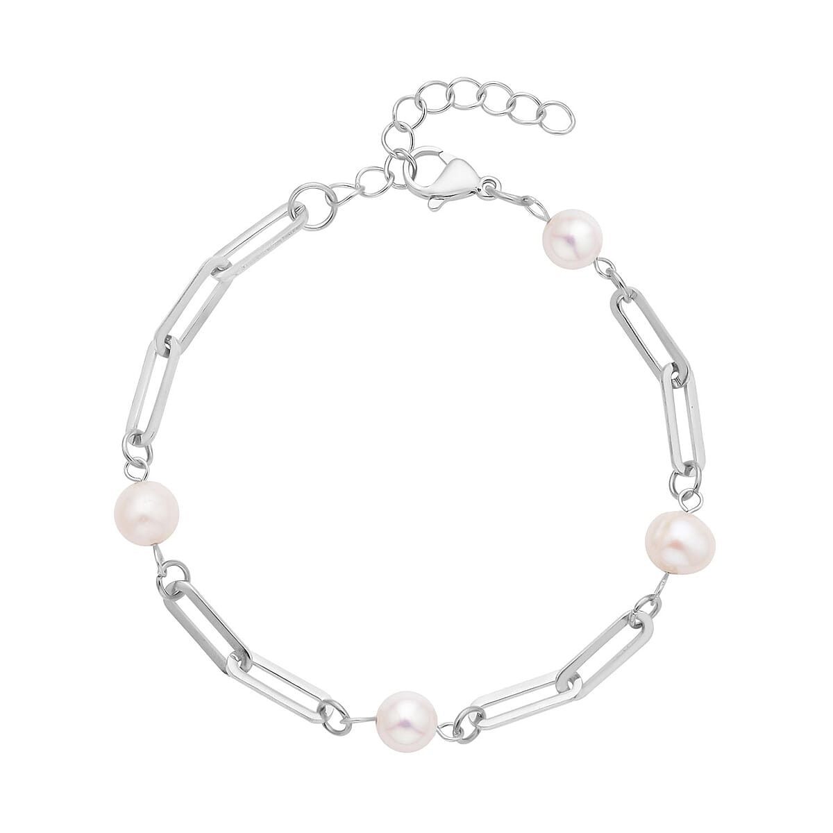 White Freshwater Pearl Paper Clip Chain Station Bracelet in Stainless Steel (7.50-9In) image number 0