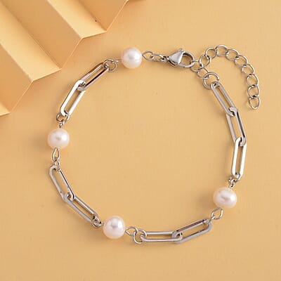 White Freshwater Pearl Paper Clip Chain Station Bracelet in Stainless Steel (7.50-9In) , Tarnish-Free, Waterproof, Sweat Proof Jewelry