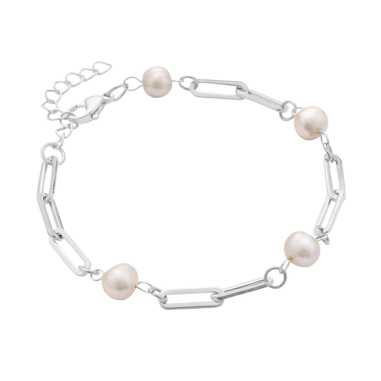 White Freshwater Pearl Paper Clip Chain Station Bracelet in Stainless Steel (7.50-9In) , Tarnish-Free, Waterproof, Sweat Proof Jewelry