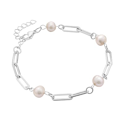 White Freshwater Pearl Paper Clip Chain Station Bracelet in Stainless Steel (7.50-9In) , Tarnish-Free, Waterproof, Sweat Proof Jewelry
