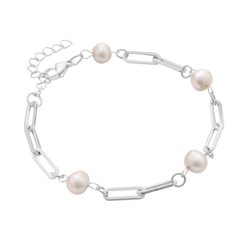 White Freshwater Pearl Paper Clip Chain Station Bracelet in Stainless Steel (7.50-9In) , Tarnish-Free, Waterproof, Sweat Proof Jewelry