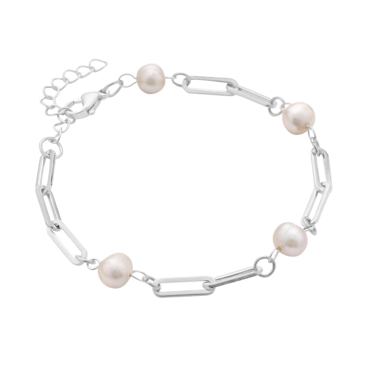 White Freshwater Pearl Paper Clip Chain Station Bracelet in Stainless Steel (7.50-9In) image number 2