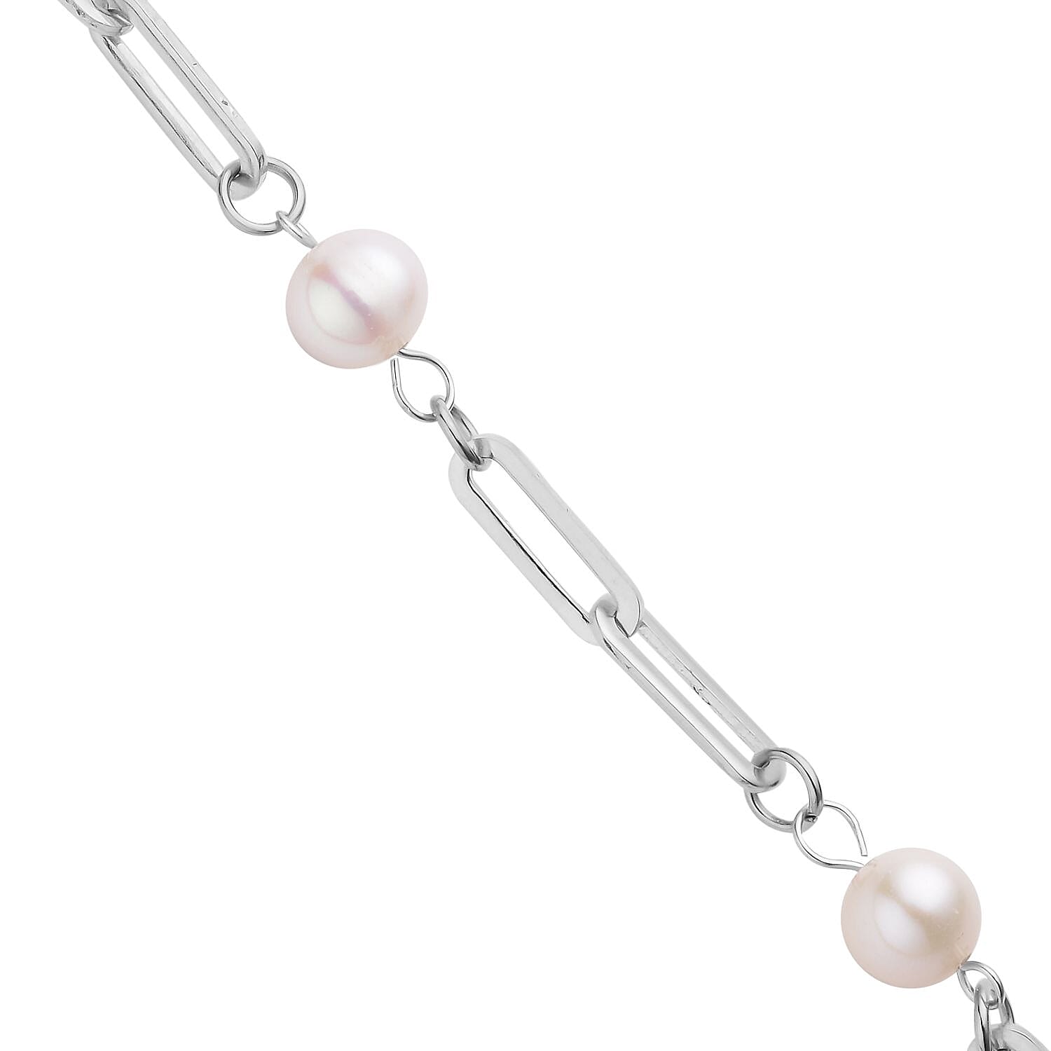 White Freshwater Pearl Paper Clip Chain Station Bracelet in Stainless Steel (7.50-9In) , Tarnish-Free, Waterproof, Sweat Proof Jewelry