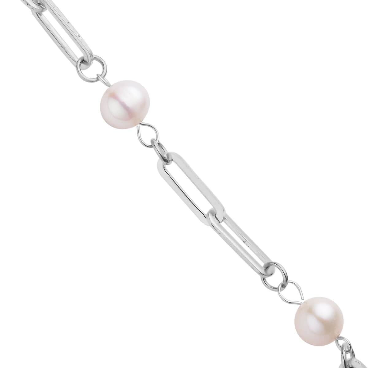 White Freshwater Pearl Paper Clip Chain Station Bracelet in Stainless Steel (7.50-9In) image number 3