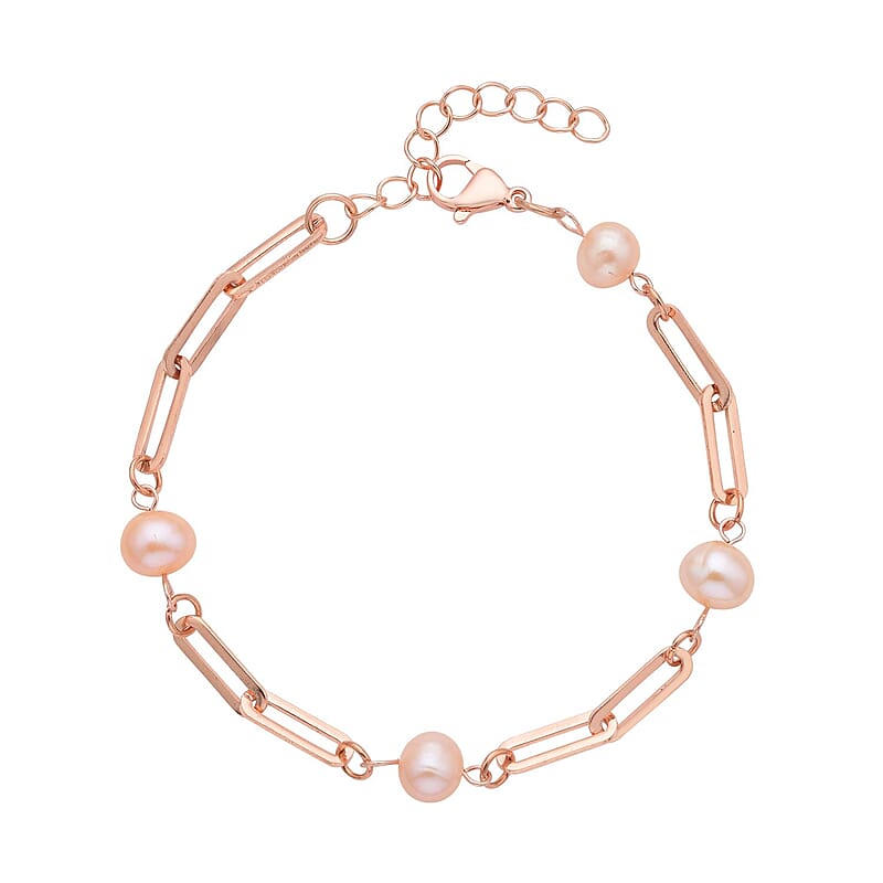 Peach Freshwater Pearl Paper Clip Chain Station Bracelet in ION Plated RG Stainless Steel (7.50-9In) , Tarnish-Free, Waterproof, Sweat Proof Jewelry
