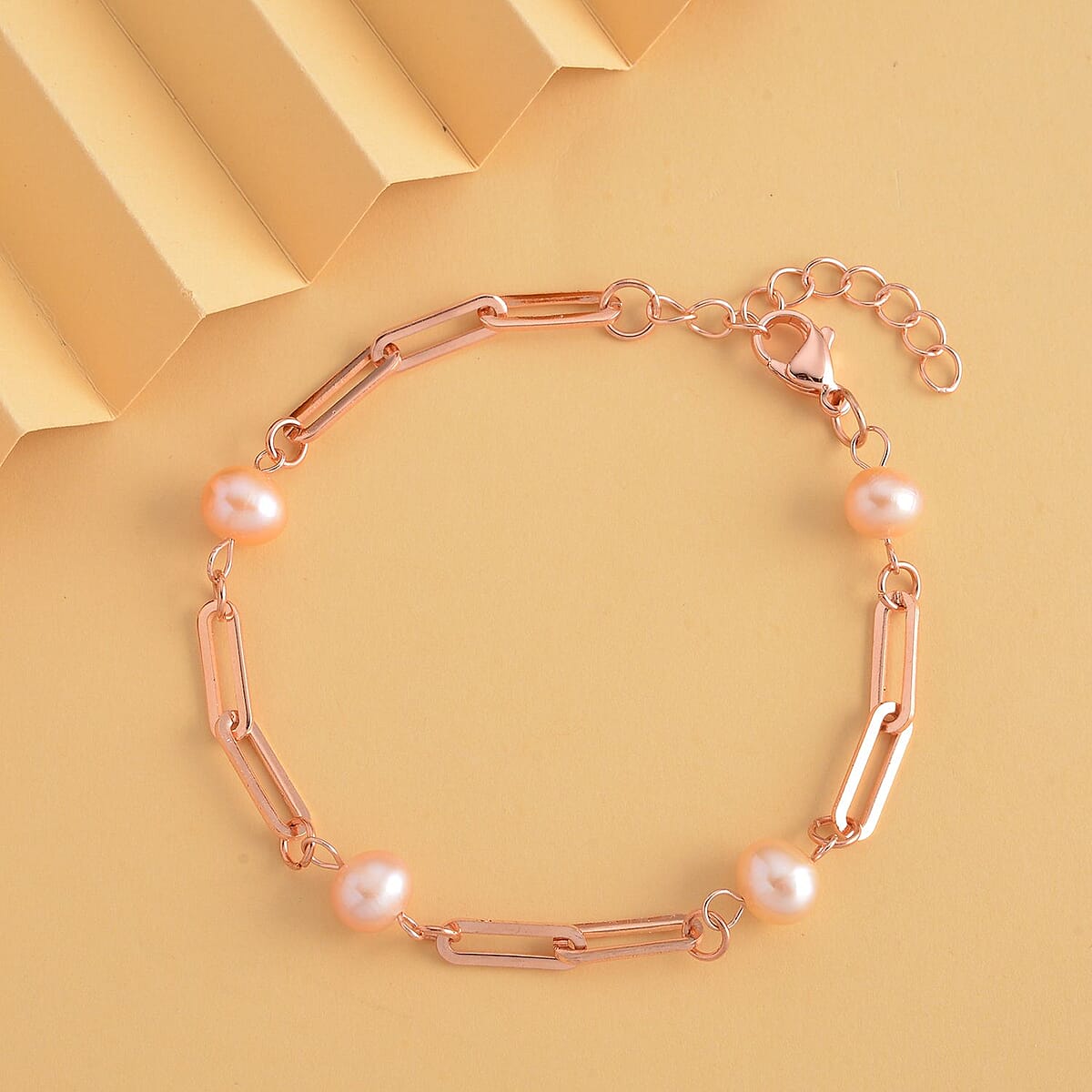 Peach Freshwater Pearl Paper Clip Chain Station Bracelet in ION Plated RG Stainless Steel (7.50-9In) , Tarnish-Free, Waterproof, Sweat Proof Jewelry image number 1