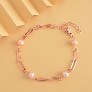 Peach Freshwater Pearl Paper Clip Chain Station Bracelet in ION Plated RG Stainless Steel (7.50-9In) , Tarnish-Free, Waterproof, Sweat Proof Jewelry