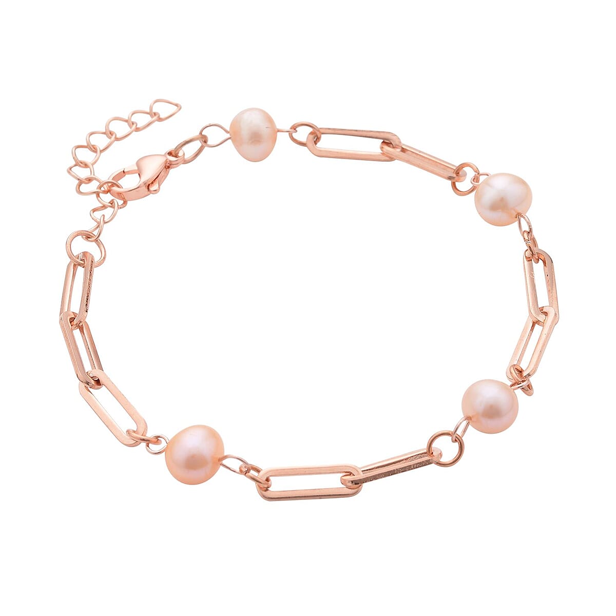 Peach Freshwater Pearl Paper Clip Chain Station Bracelet in ION Plated RG Stainless Steel (7.50-9In) , Tarnish-Free, Waterproof, Sweat Proof Jewelry image number 2