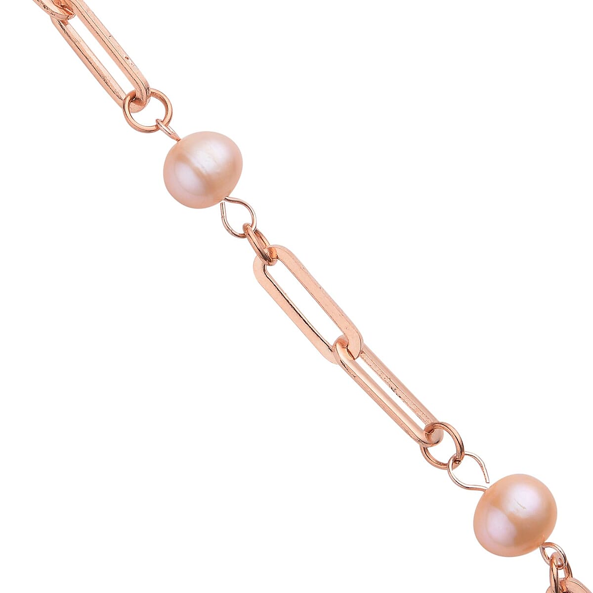 Peach Freshwater Pearl Paper Clip Chain Station Bracelet in ION Plated RG Stainless Steel (7.50-9In) , Tarnish-Free, Waterproof, Sweat Proof Jewelry image number 3
