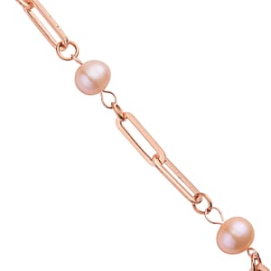 Peach Freshwater Pearl Paper Clip Chain Station Bracelet in ION Plated RG Stainless Steel (7.50-9In) , Tarnish-Free, Waterproof, Sweat Proof Jewelry