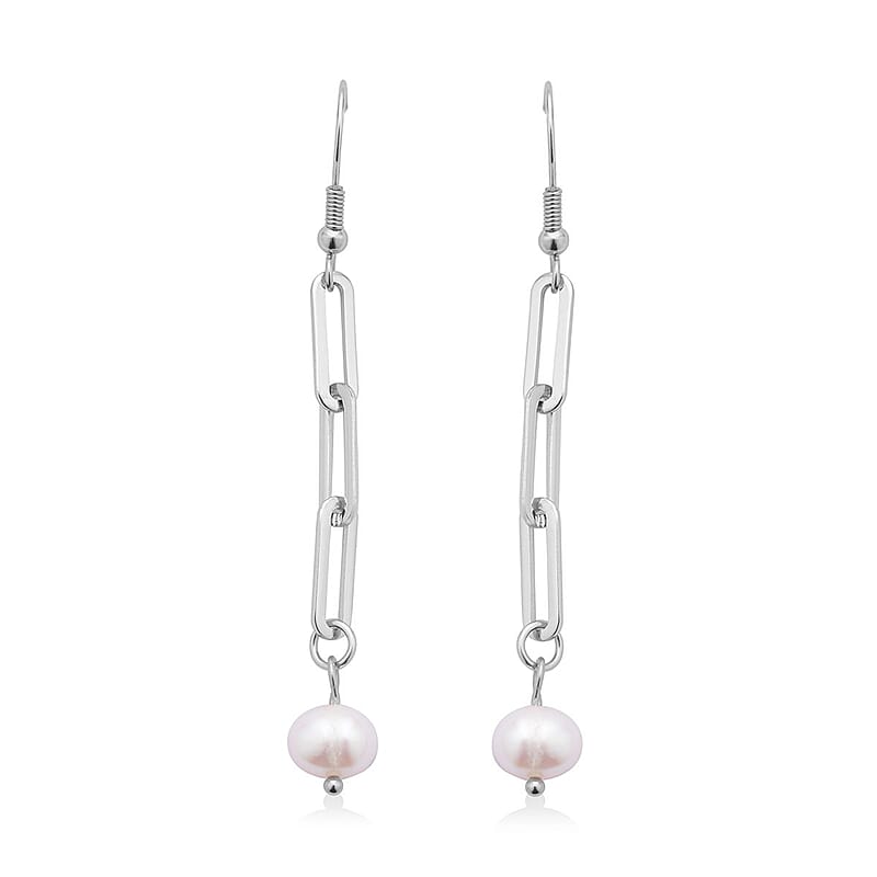 White Freshwater Pearl Paper Clip Chain Earrings in Stainless Steel