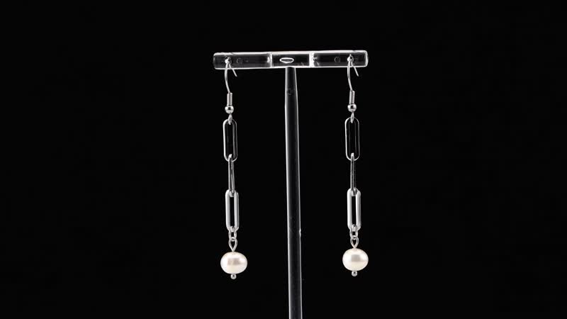 White Freshwater Pearl Paper Clip Chain Earrings in Stainless Steel