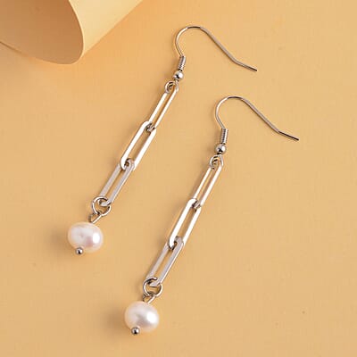 White Freshwater Pearl Paper Clip Chain Earrings in Stainless Steel