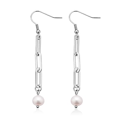 White Freshwater Pearl Paper Clip Chain Earrings in Stainless Steel