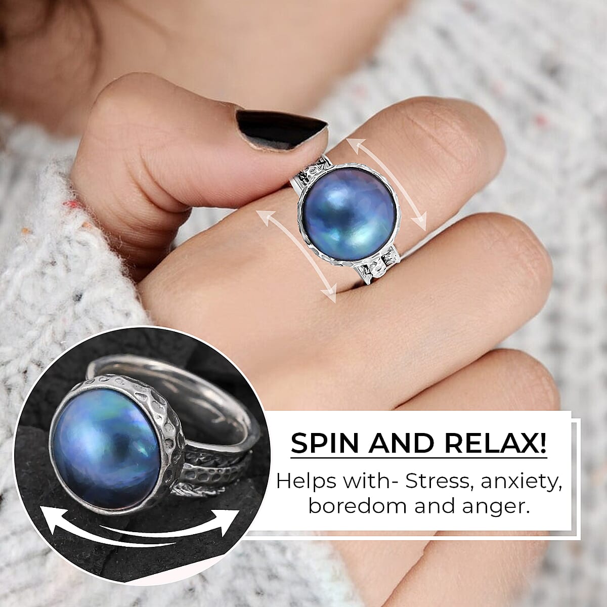Bali Legacy Blue Mabe Pearl Spinner Ring , Blue Mabe Pearl Ring , Sterling Silver Ring , Silver Spinner Ring , Fidget Anxiety Ring image number 1