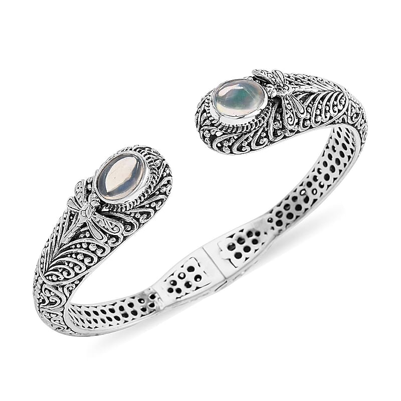 Bali Legacy Ethiopian Welo Opal 1.25 ctw Bracelet in Sterling Silver, Silver Cuff Bracelet, Dragonfly Bracelet (7.50 In)