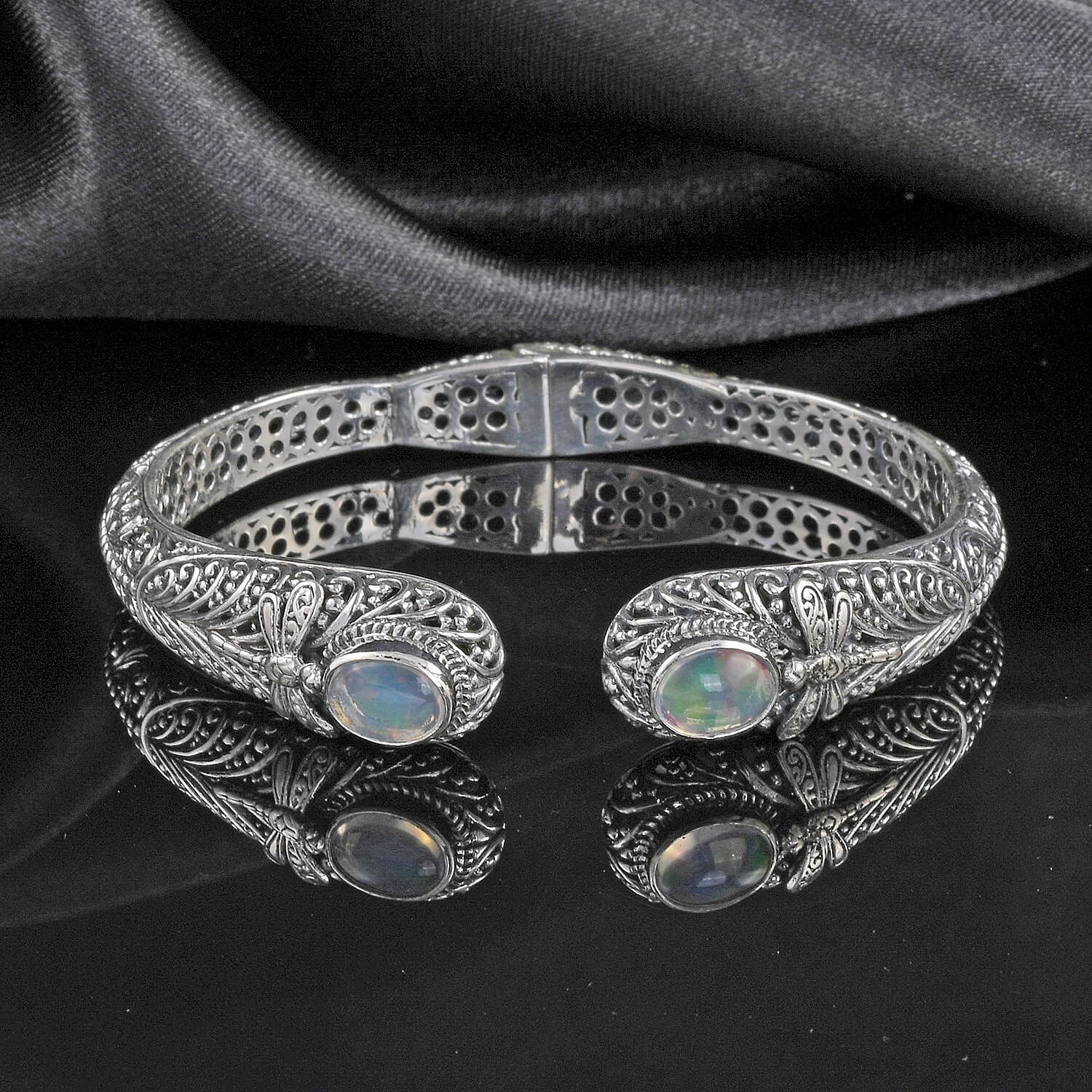 Bali Legacy Ethiopian Welo Opal 1.25 ctw Bracelet in Sterling Silver, Silver Cuff Bracelet, Dragonfly Bracelet (7.50 In)