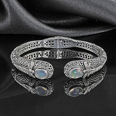 Bali Legacy Ethiopian Welo Opal 1.25 ctw Bracelet in Sterling Silver, Silver Cuff Bracelet, Dragonfly Bracelet (7.50 In)