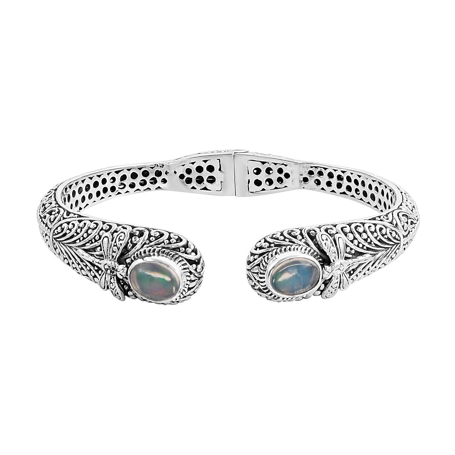 Bali Legacy Ethiopian Welo Opal 1.25 ctw Bracelet in Sterling Silver, Silver Cuff Bracelet, Dragonfly Bracelet (7.50 In)