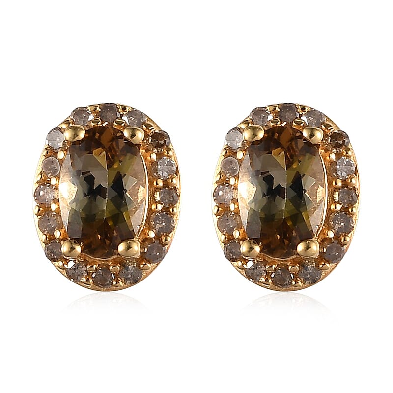 Golden Tanzanite and Natural Champagne Diamond Stud Earrings in Vermeil YG Over Sterling Silver 1.10 ctw