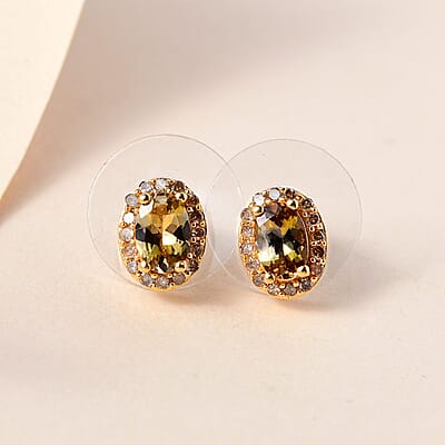 Golden Tanzanite and Natural Champagne Diamond Stud Earrings in Vermeil YG Over Sterling Silver 1.10 ctw