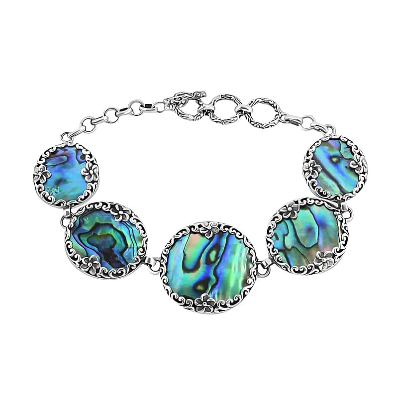 Bali Legacy Abalone Shell Bracelet in Sterling Silver, Sterling Silver Bracelet, 5 Stone Bracelet, Toggle Clasp Bracelet, Silver Jewelry, Birthday Gift (6.50-8.0In)