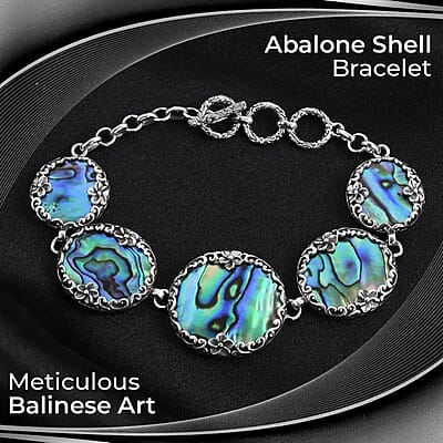 Bali Legacy Abalone Shell Bracelet in Sterling Silver, Sterling Silver Bracelet, 5 Stone Bracelet, Toggle Clasp Bracelet, Silver Jewelry, Birthday Gift (6.50-8.0In)