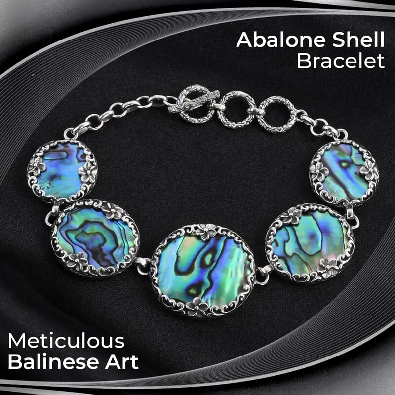 Bali Legacy Abalone Shell Bracelet in Sterling Silver, Sterling Silver Bracelet, 5 Stone Bracelet, Toggle Clasp Bracelet, Silver Jewelry, Birthday Gift (6.50-8.0In)