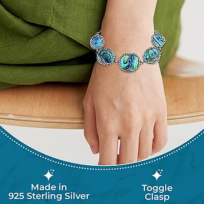 Bali Legacy Abalone Shell Bracelet in Sterling Silver, Sterling Silver Bracelet, 5 Stone Bracelet, Toggle Clasp Bracelet, Silver Jewelry, Birthday Gift (6.50-8.0In)