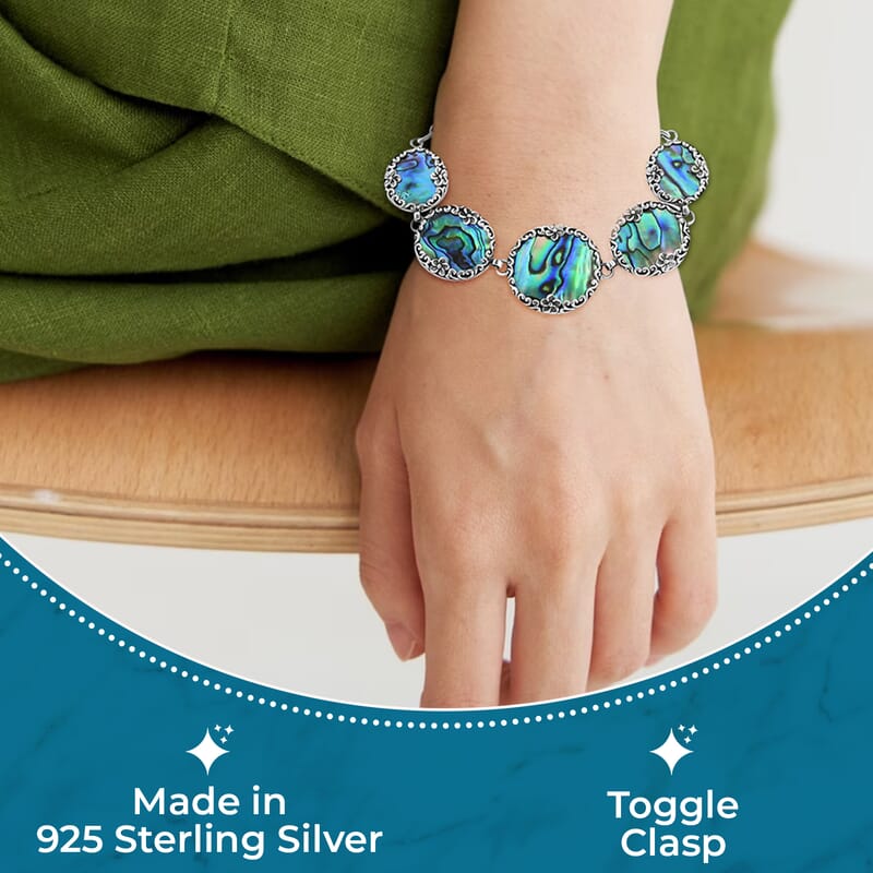 Bali Legacy Abalone Shell Bracelet in Sterling Silver, Sterling Silver Bracelet, 5 Stone Bracelet, Toggle Clasp Bracelet, Silver Jewelry, Birthday Gift (6.50-8.0In)