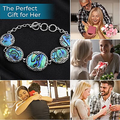 Bali Legacy Abalone Shell Bracelet in Sterling Silver, Sterling Silver Bracelet, 5 Stone Bracelet, Toggle Clasp Bracelet, Silver Jewelry, Birthday Gift (6.50-8.0In)