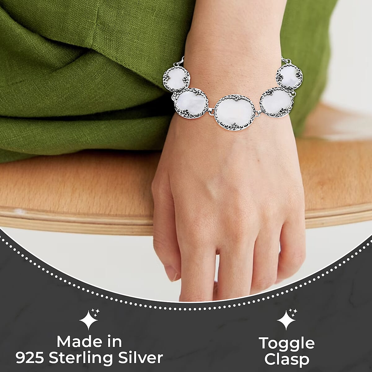 Bali Legacy Mother of Pearl Bracelet in Sterling Silver, Sterling Silver Bracelet, 5 Stone Bracelet, Toggle Clasp Bracelet, Silver Jewelry, Birthday Gift (7.50 In) image number 2