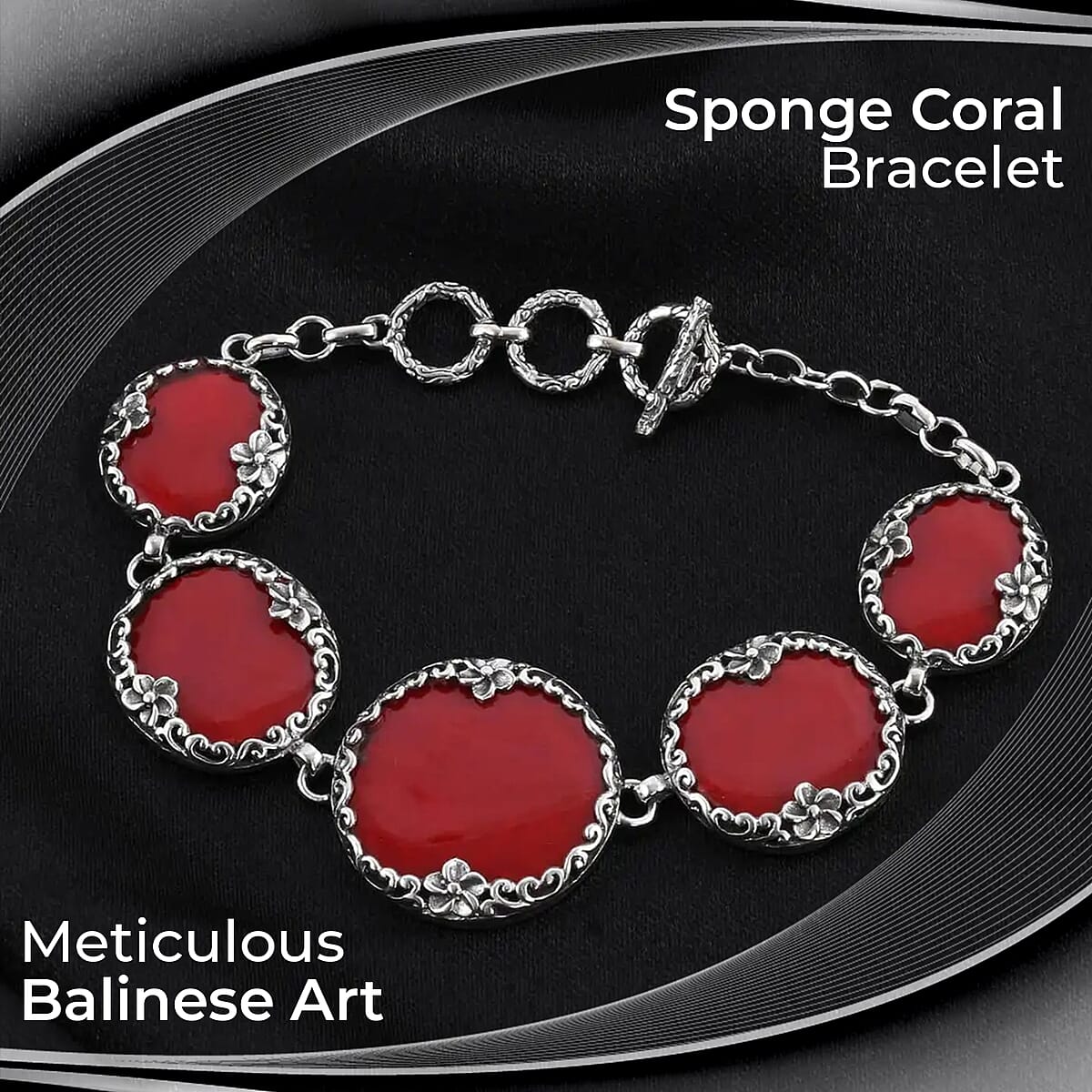 Bali Legacy Sponge Coral Bracelet in Sterling Silver, Sterling Silver Bracelet, 5 Stone Bracelet, Toggle Clasp Bracelet, Silver Jewelry, Birthday Gift (7.50 In) image number 1