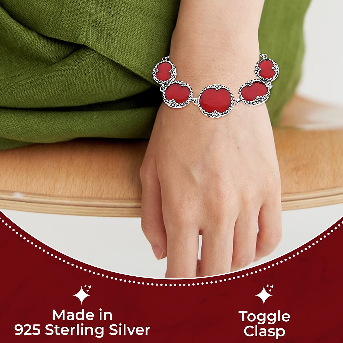 Bali Legacy Sponge Coral Bracelet in Sterling Silver, Sterling Silver Bracelet, 5 Stone Bracelet, Toggle Clasp Bracelet, Silver Jewelry, Birthday Gift (7.50 In) image number 2